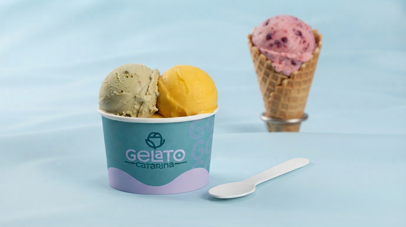 Copo Gelato Catarina com bolas de pistache e manga