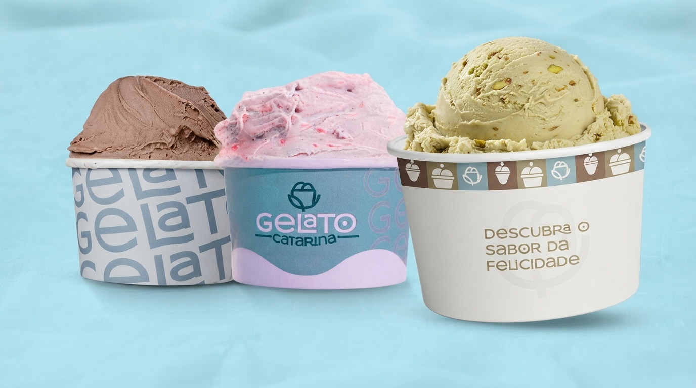 Copos de gelato Catarina: chocolate, frutas vermelhas e pote Descubra o sabor da felicidade