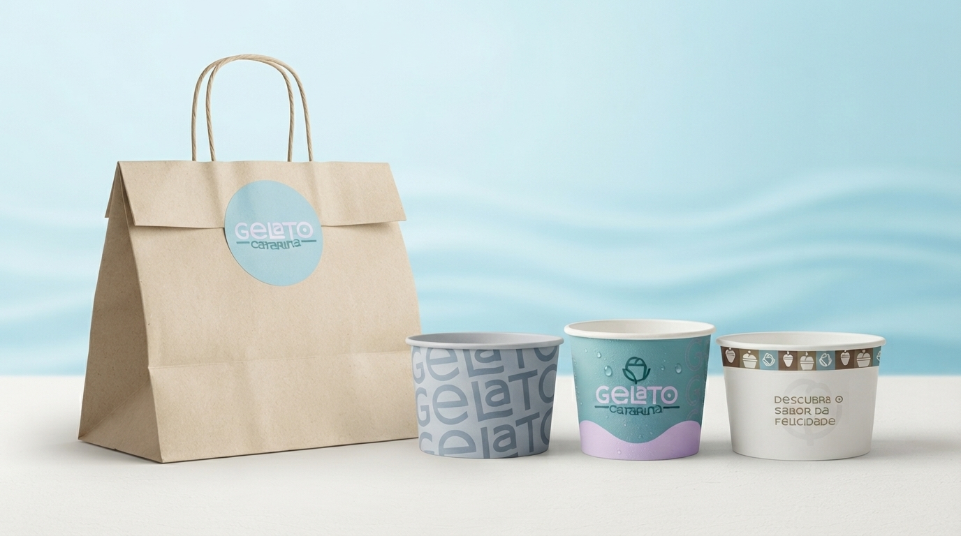 Sacola de delivery e copos de gelato Catarina